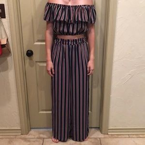 2-piece pant and off the shoulder top